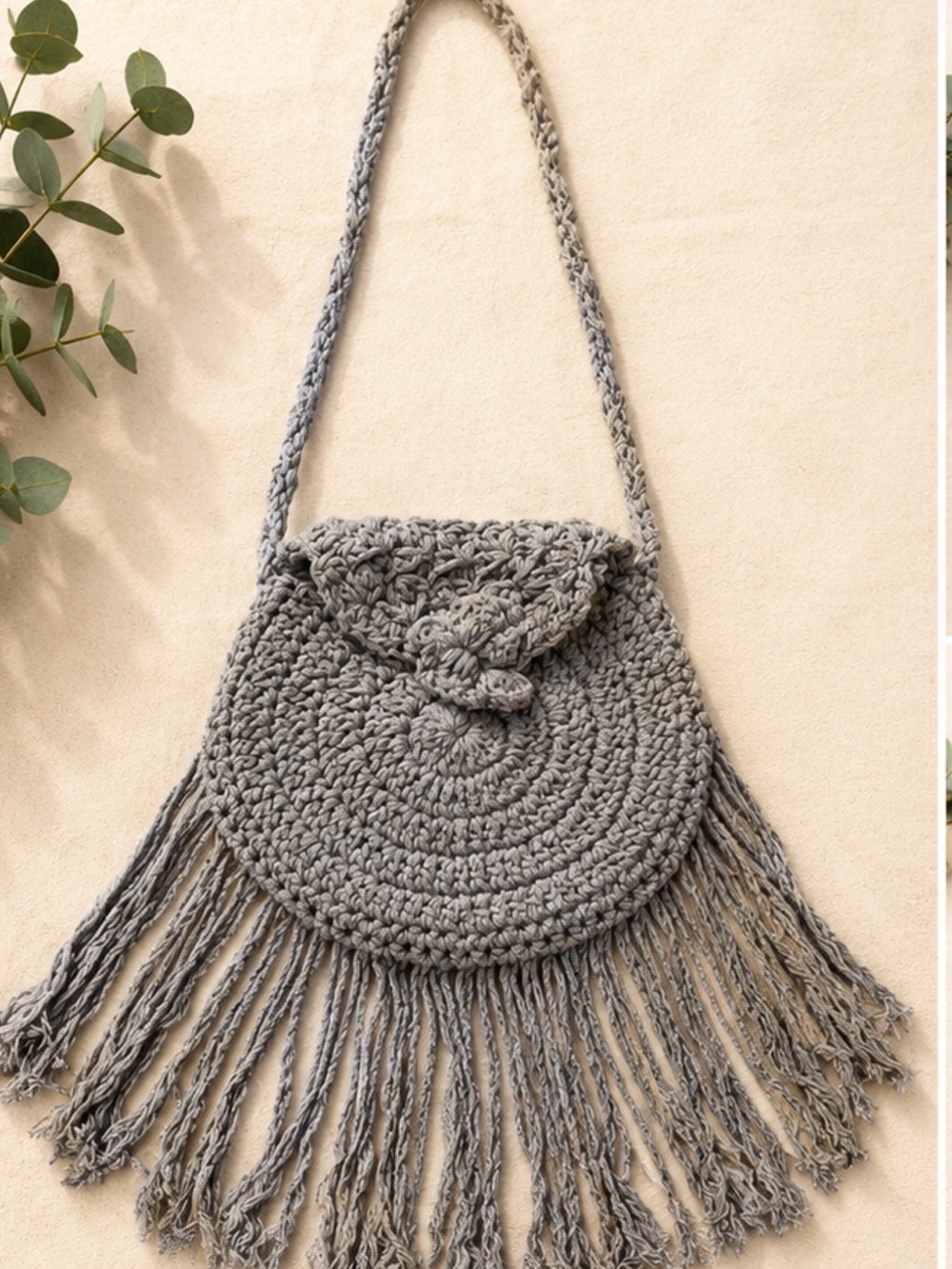 Handcrafted Gray Crochet Fringe Shoulder Bag